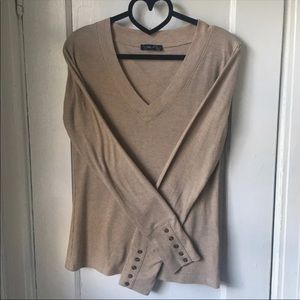Tan Waffle Weave Long Sleeve V-Neck Top/Size Large